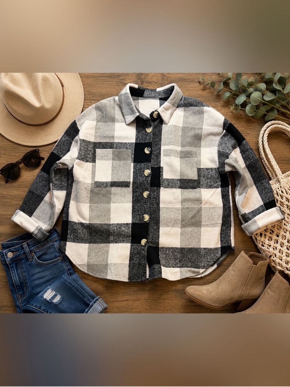 Black Cream Buffalo Plaid Shacket 2XL Oversized Flannel Shirt Jacket